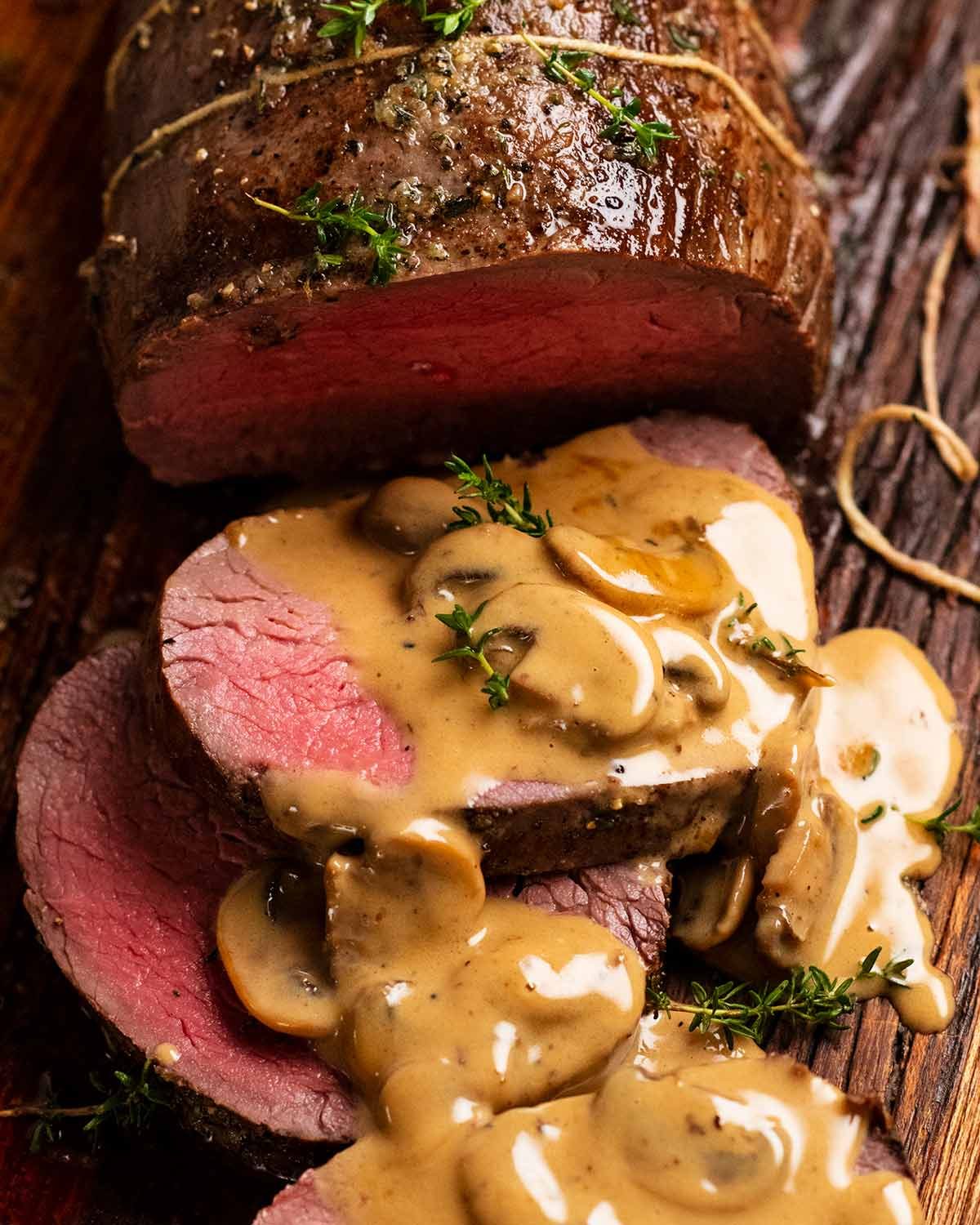 Beef tenderloin with creamy mushroom sauce