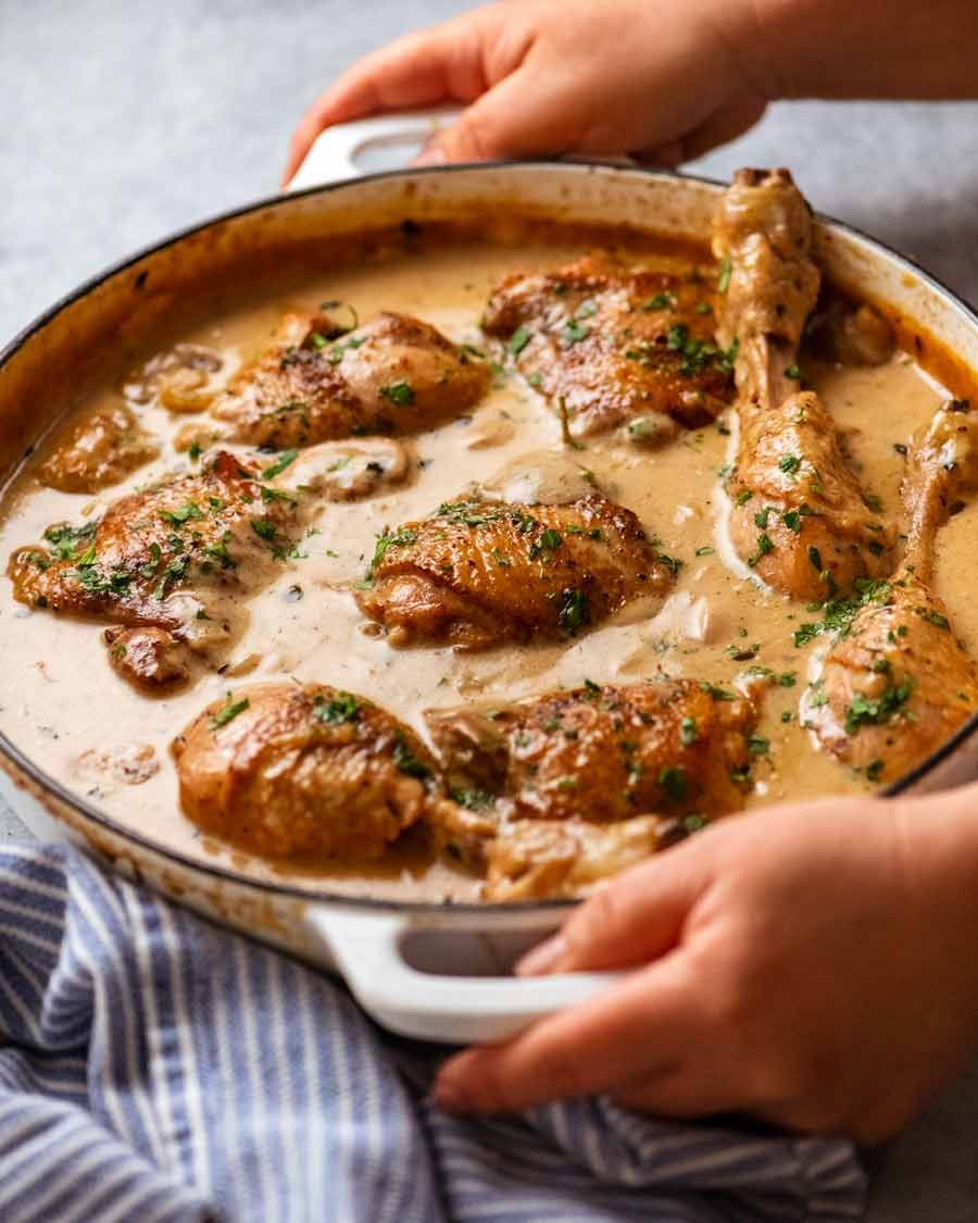 Large pot of freshly cooked Chicken Fricassée