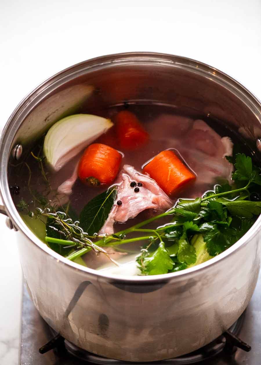 Large pot of Homemade chicken stock being made