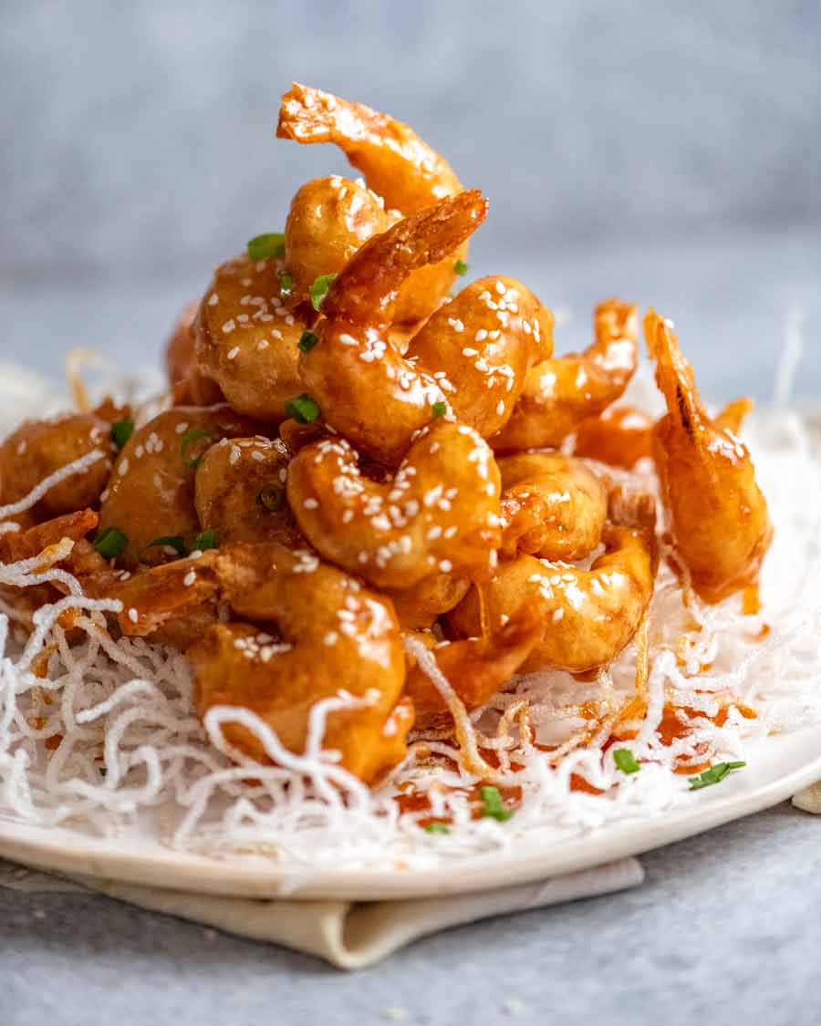 Pile of ultra crispy Honey Prawns