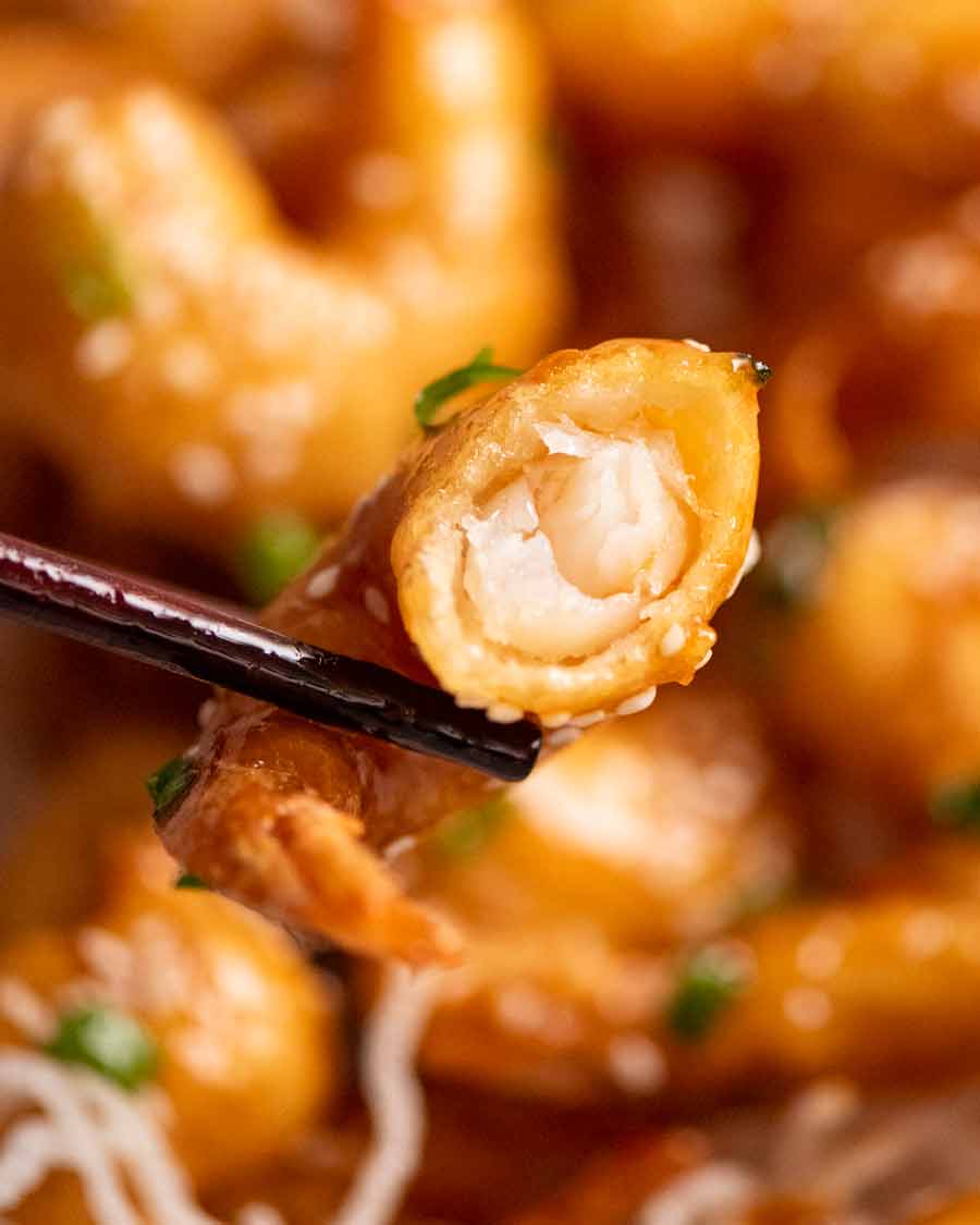 Close up showing inside of Honey Prawns