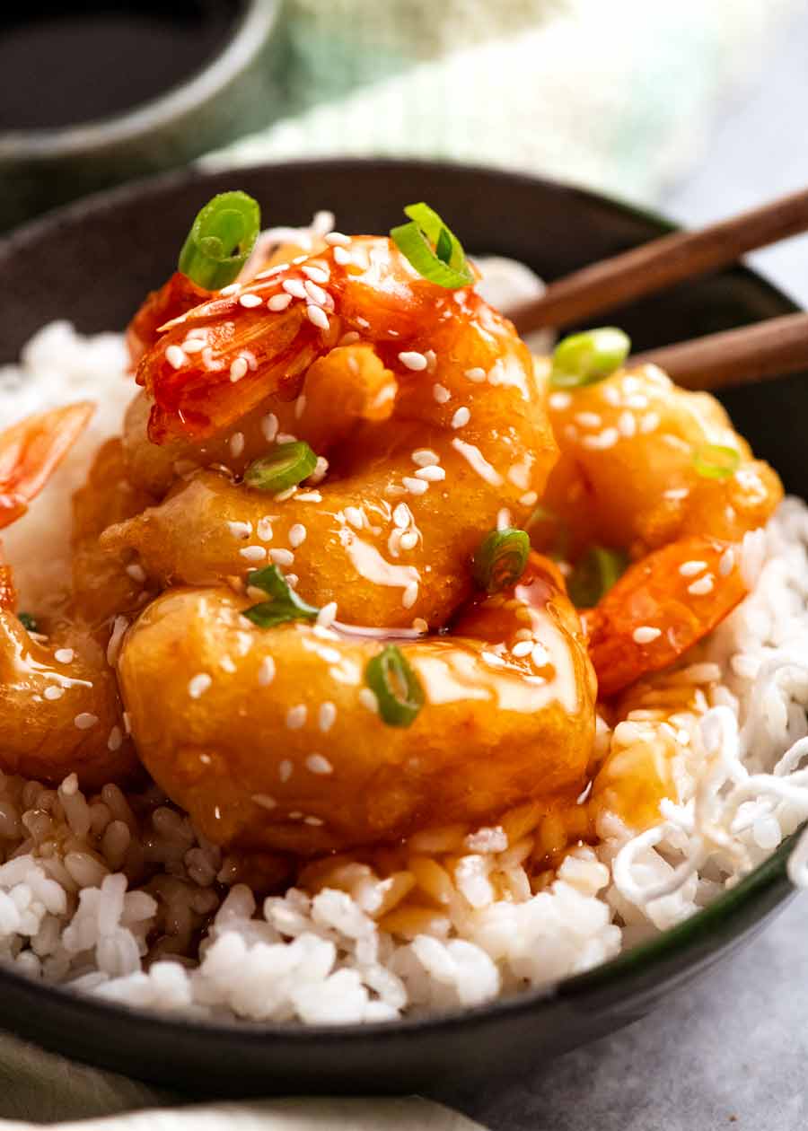 Pile of Honey Prawns on rice