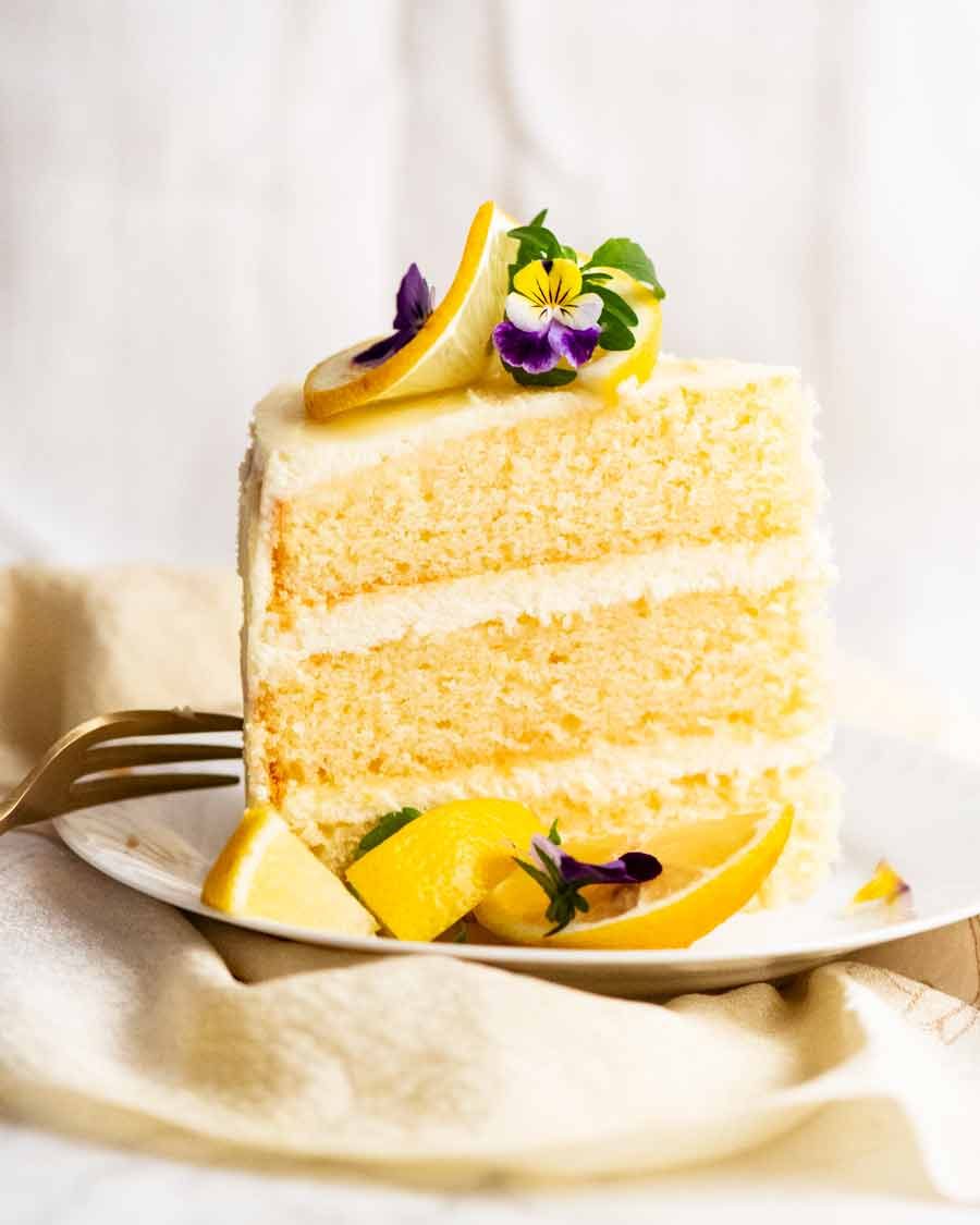 Side photo showing crumb of Lemon Cake with Fluffy Lemon Frosting