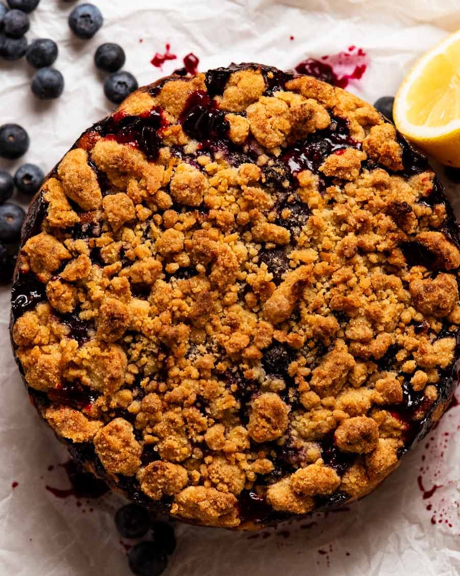 Freshly baked Bursting Blueberry Crumb Cake