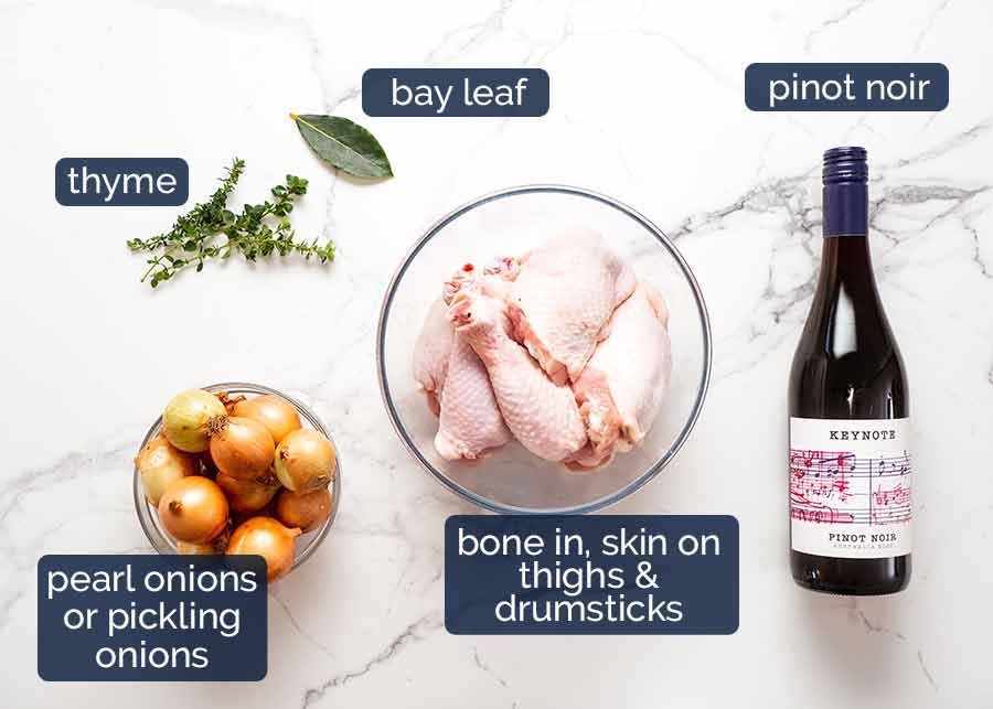 Ingredients in Coq au Vin - French chicken stew