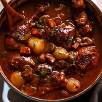 Overhead photo of Coq au Vin - French chicken stew fresh off the stove