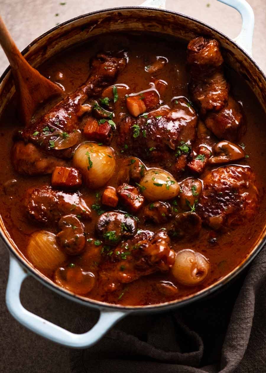 Coq au Vin in a pot, ready to be served