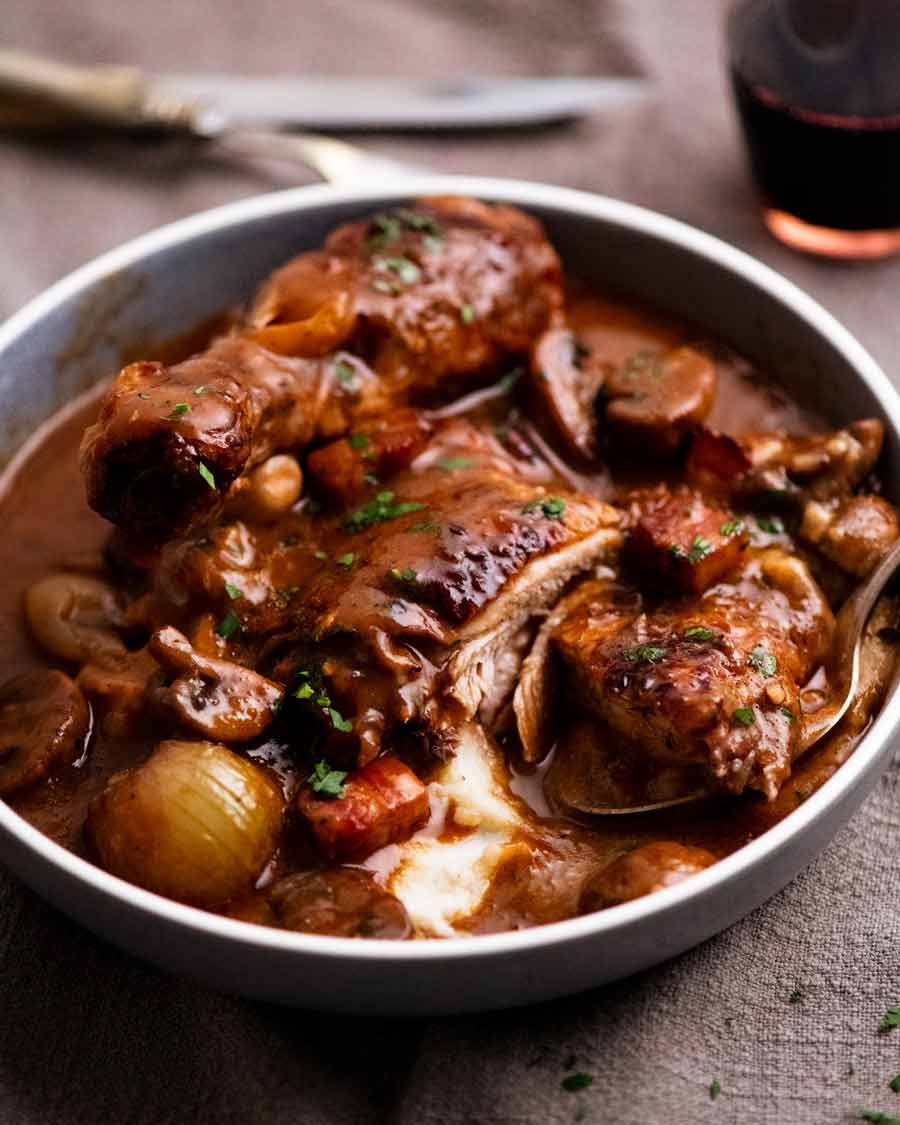 Coq au Vin served over mashed potato