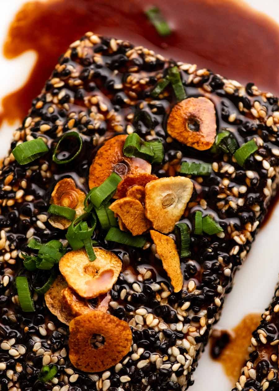 Overhead photo of Sesame crusted Tofu Steaks with Teriyaki Sauce