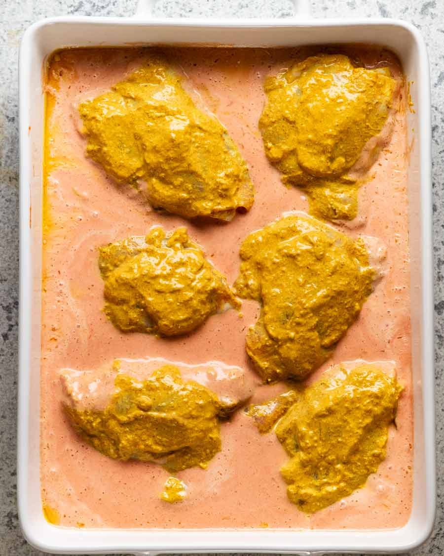 Making One-pan Baked Butter Chicken