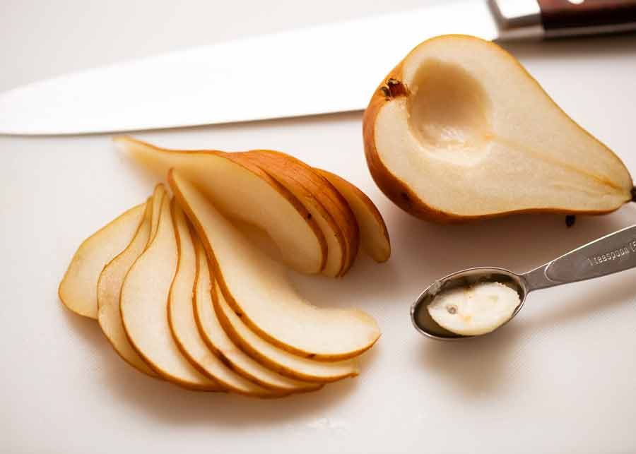 Close up of pear slices for Pear Salad with Blue Cheese and Rocket Arugula