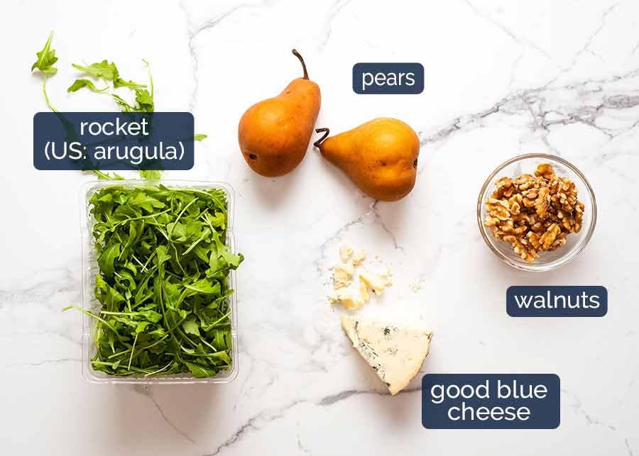 Ingredients in Pear Salad with Blue Cheese and Rocket Arugula