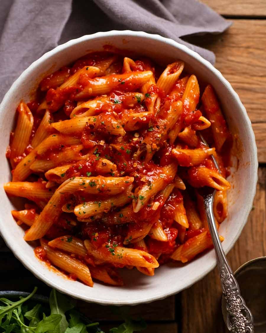 Bowl of Penne all'arrabbiata (spicy tomato pasta)