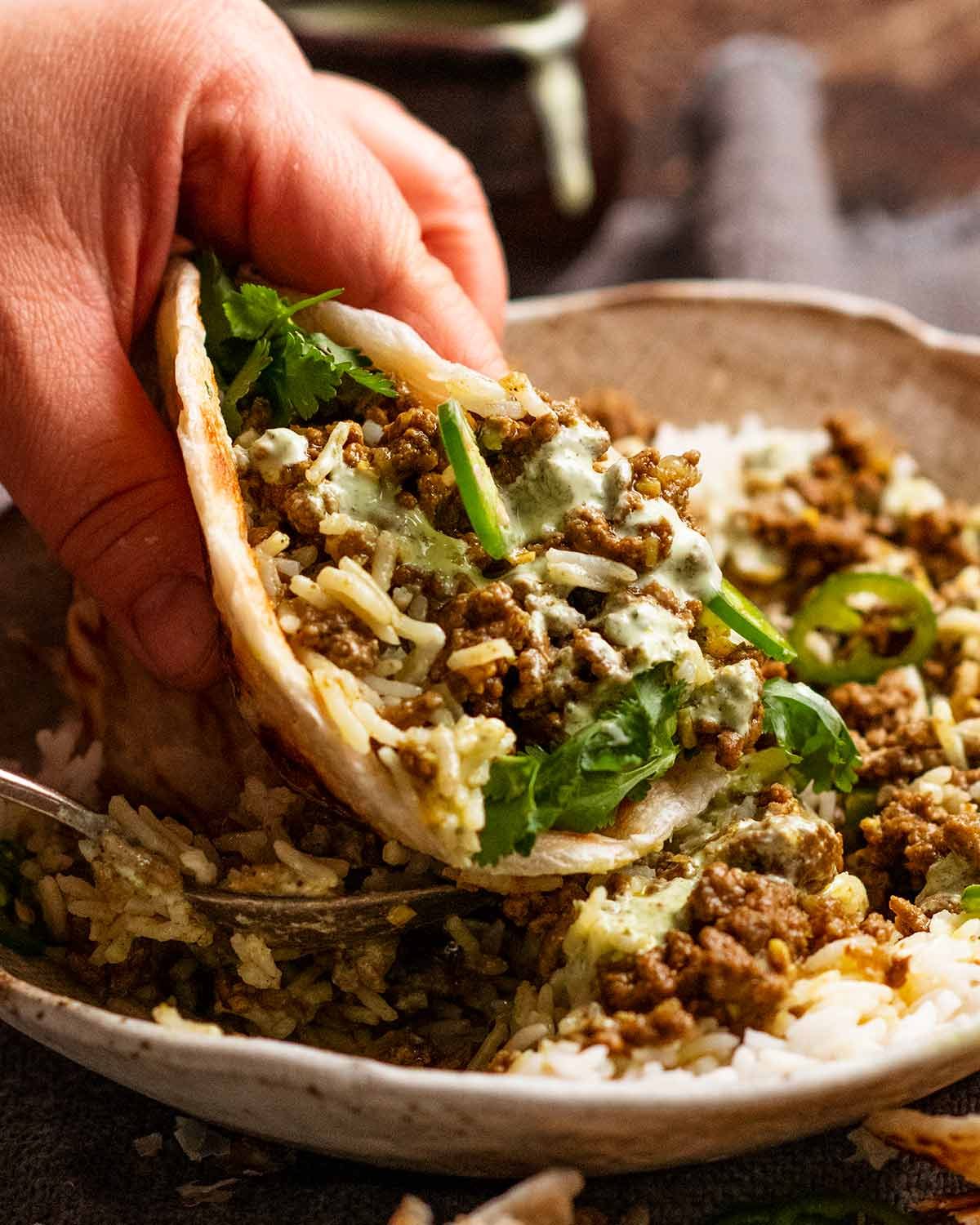 Eating Qeema - Indian Curried Beef Mince with roti and basmati rice