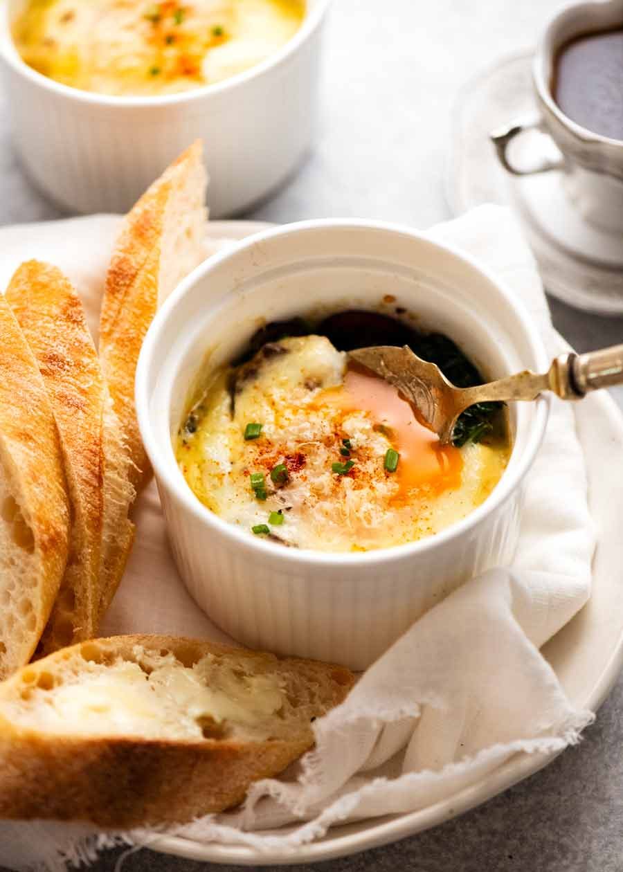 Freshly made Baked Eggs (shirred eggs) being eaten