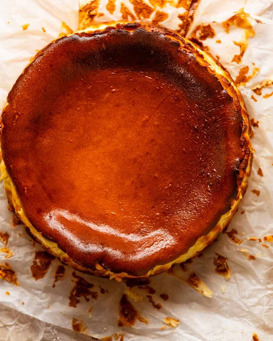 Overhead photo of Basque cheesecake