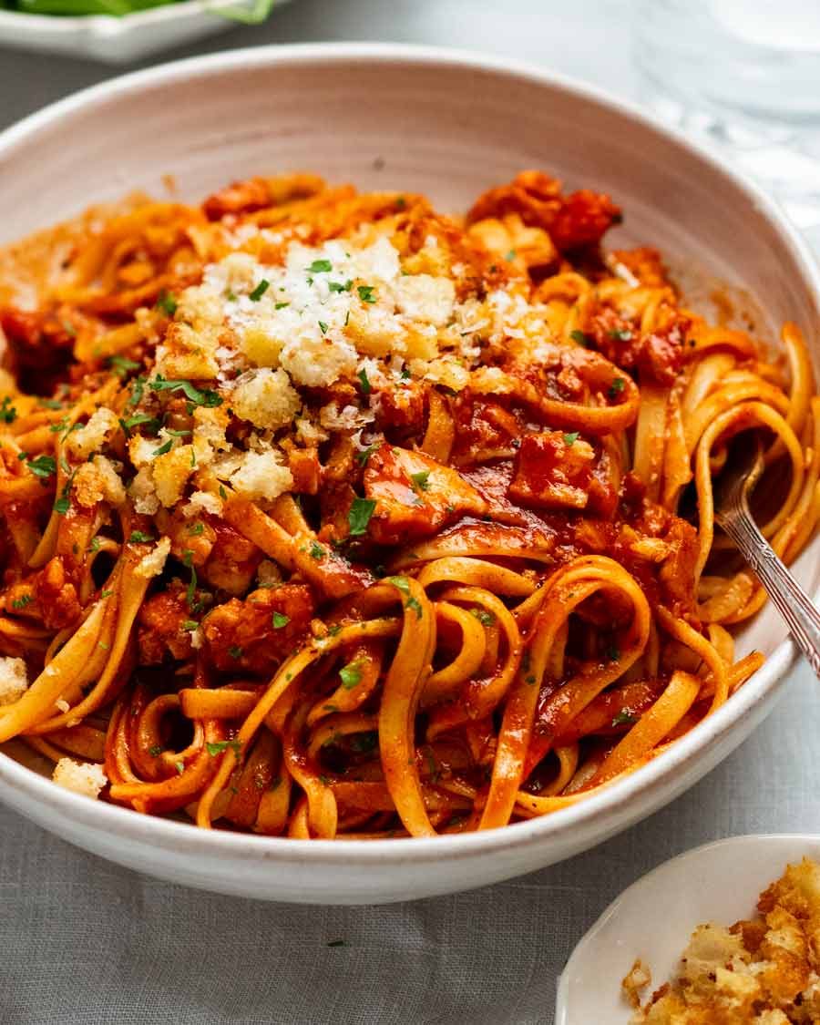 Bowl of Calabrian fish ragu pasta ready to be eaten