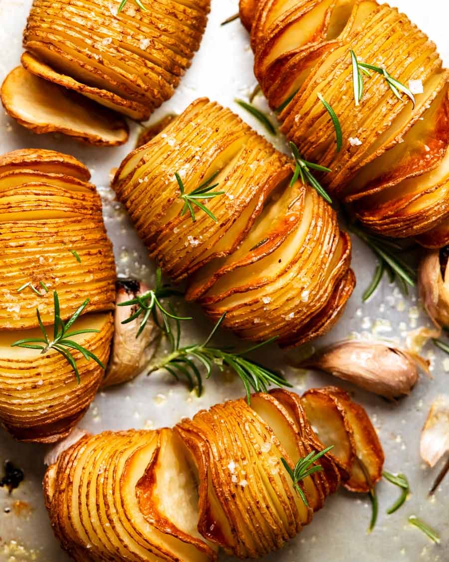 Overhead photo of Hasselback potatoes