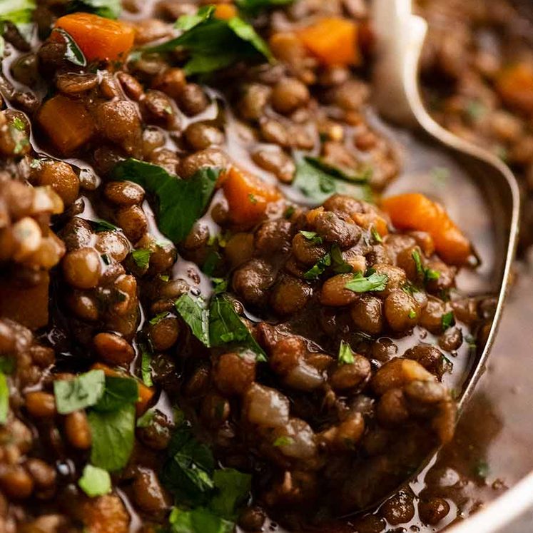 Close up of Lentil Ragout - French lentil side dish