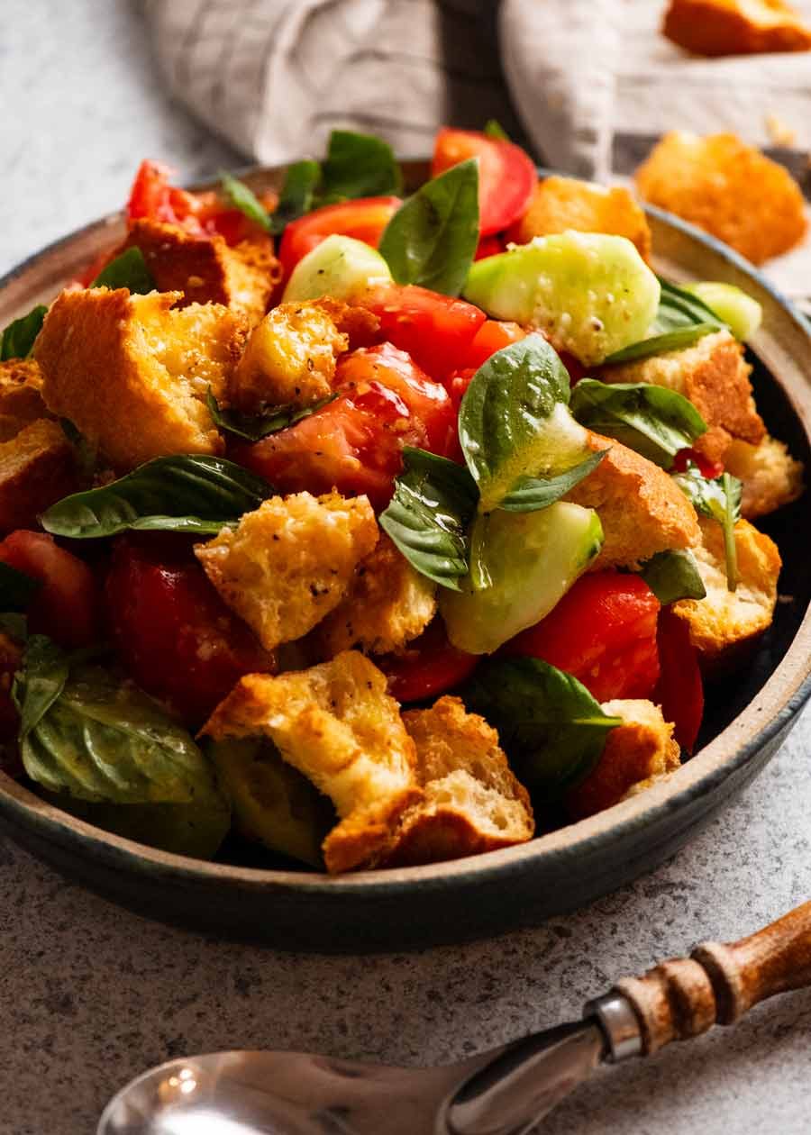 Panzanella Italian tomato and bread salad in a bowl, ready to be served