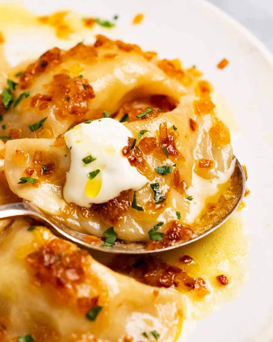 Close up of Pierogi Ruskie (Polish Dumplings)