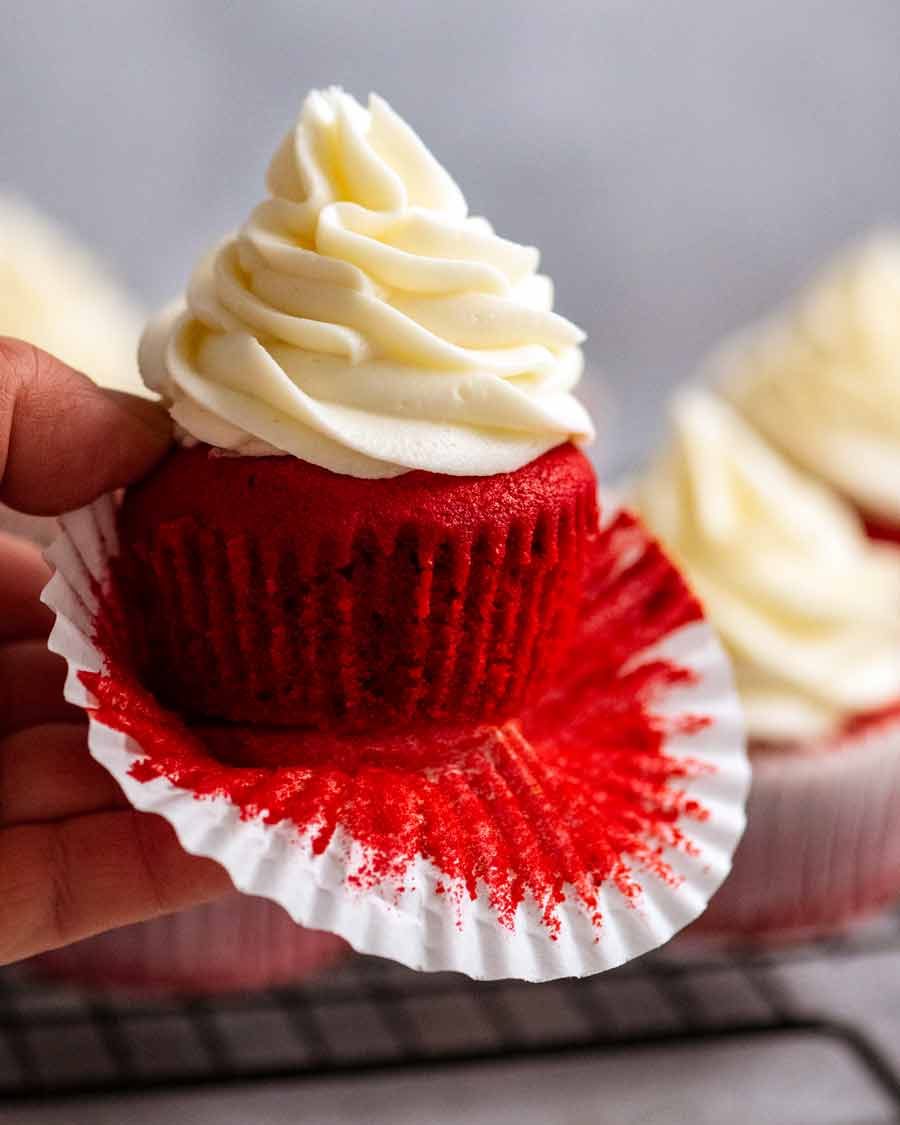 Close up of a Red Velvet Cupcake with Cream Cheese Frosting