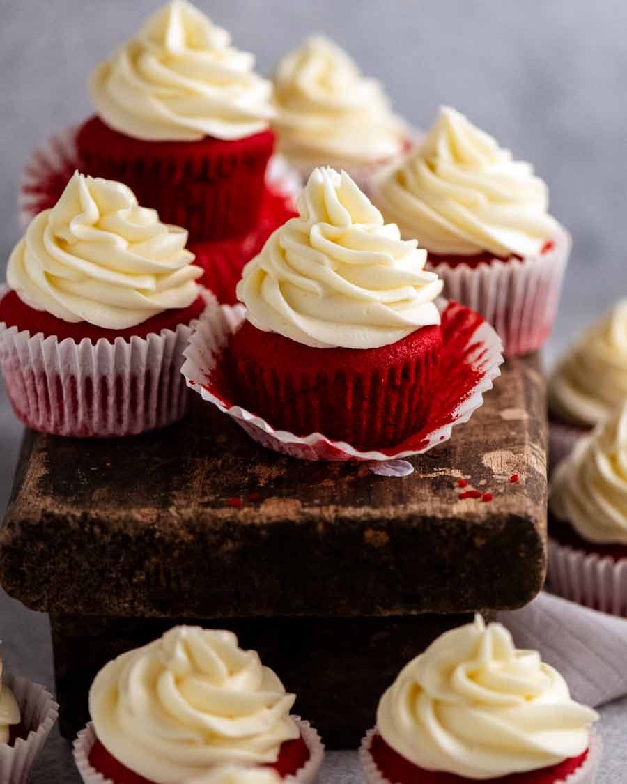 Red Velvet Cupcakes with Cream Cheese Frosting, ready to be eaten