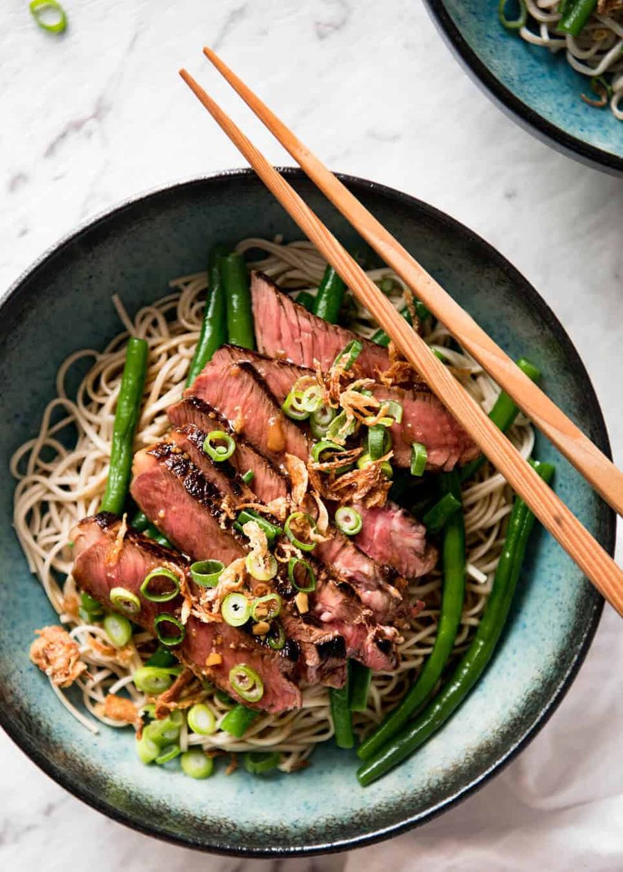 Beef Soba Noodles with chopsticks