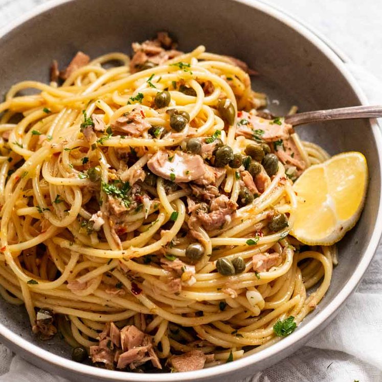 Canned tuna pasta in a bowl ready to be eaten