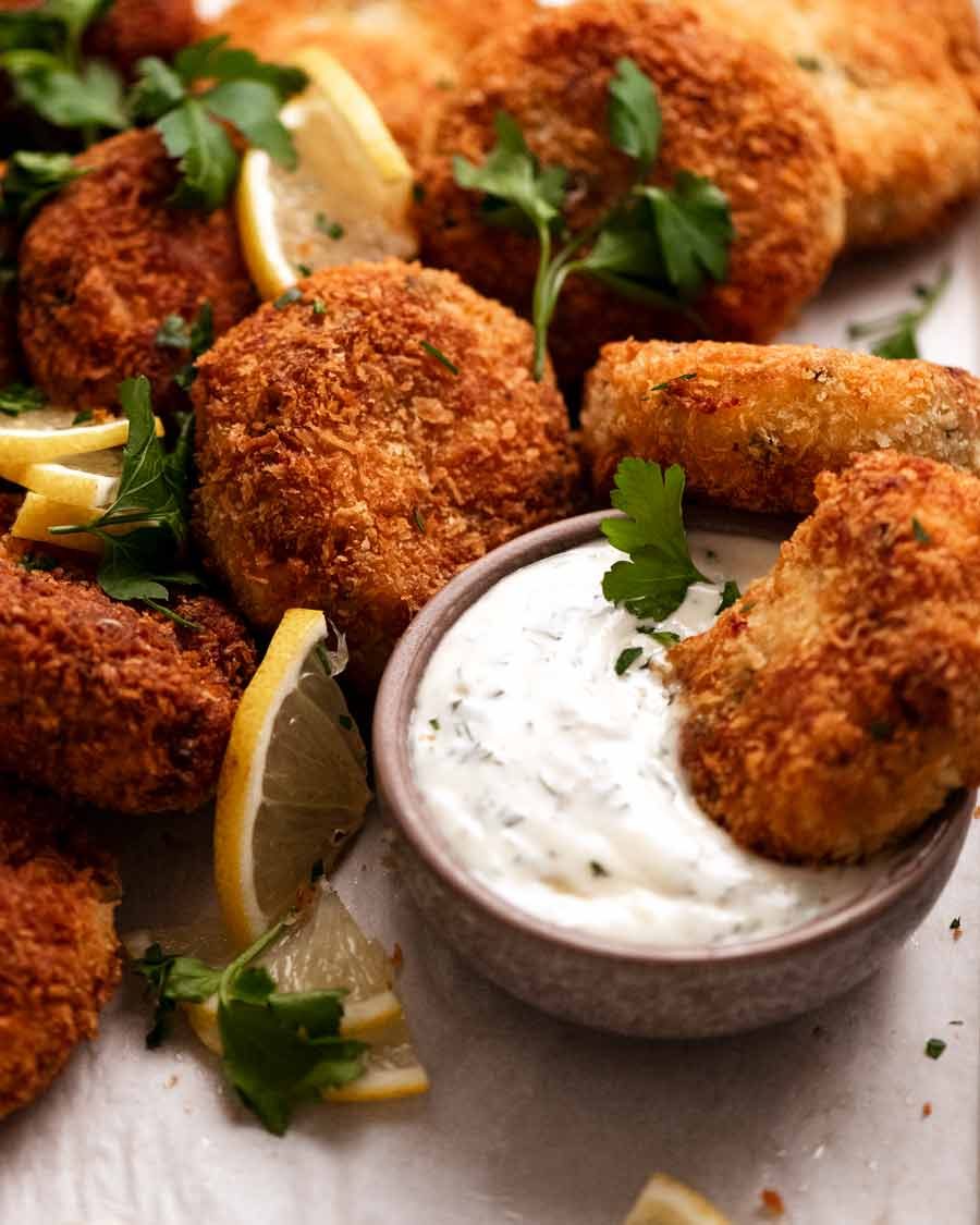 Close up of Fish cakes with Tartare sauce