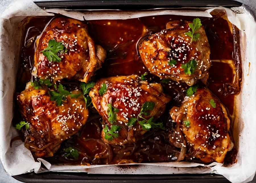 Overhead photo of pan of Honey Soy Baked Chicken fresh out of the oven