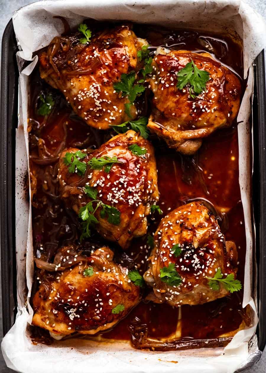 Overhead photo of pan of Honey Soy Baked Chicken fresh out of the oven