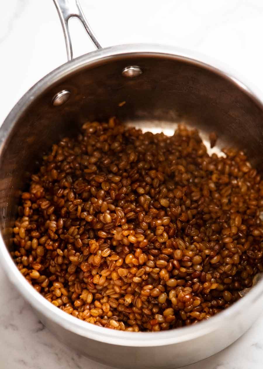 Pot of cooked farro for Farro Salad