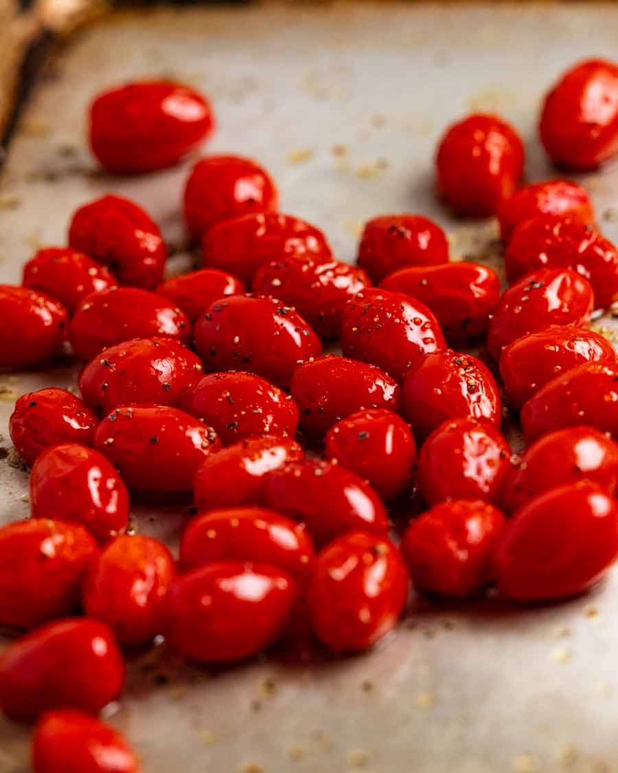 Roasted burst cherry tomatoes for Farro Salad