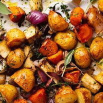 Close up of tray of Roasted Vegetables fresh out of the oven