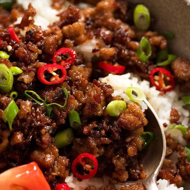 Close up of pork mince stir fry - Vietnamese Caramelised Pork Bowls