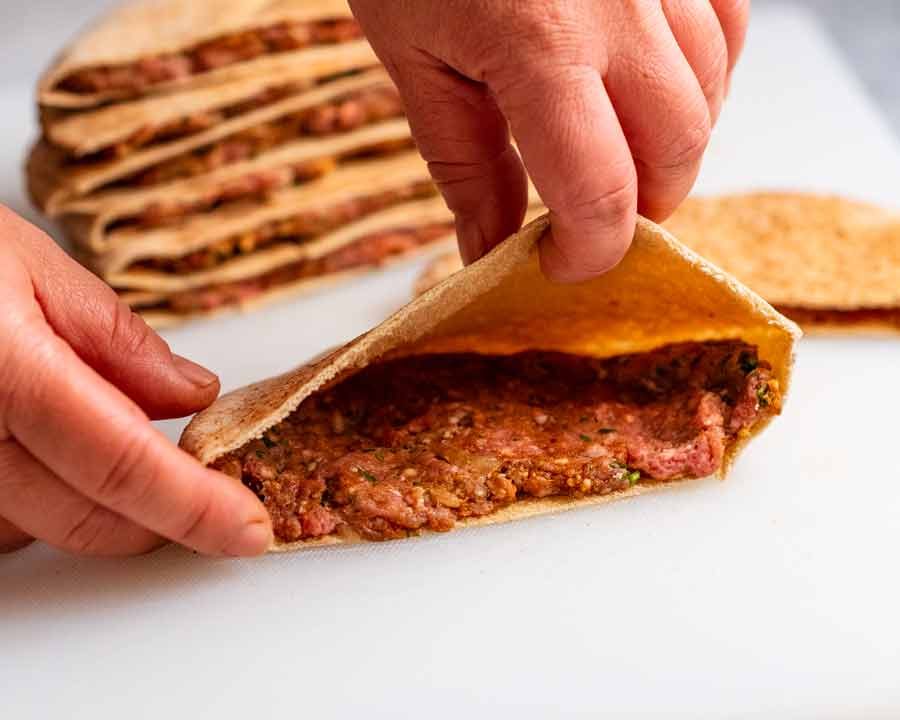 Making Arayes - Lebanese Meat Stuffed Crispy Pita