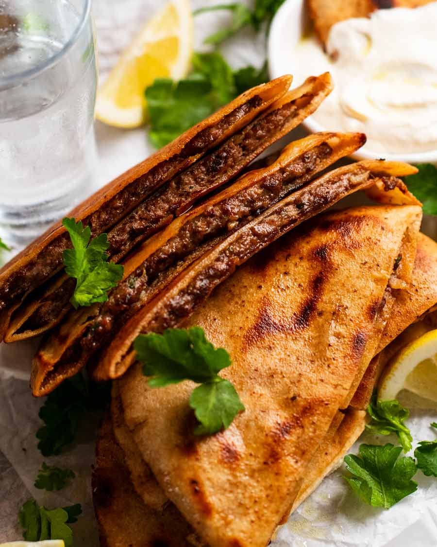 Close up of Arayes - Lebanese Meat Stuffed Crispy Pita