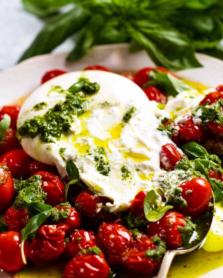 Cutting into burrata