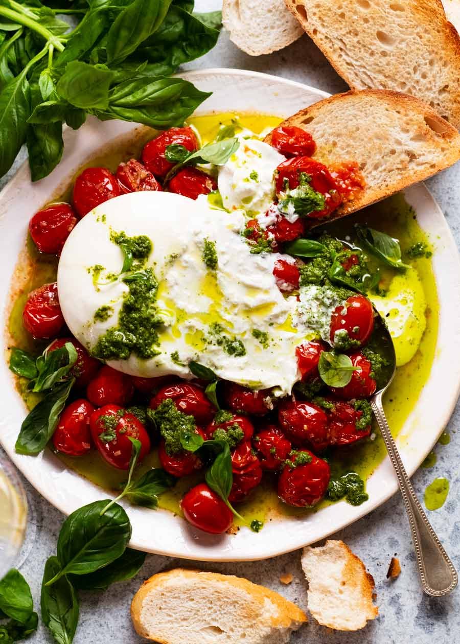 Overhead photo of Burst tomato burrata salad