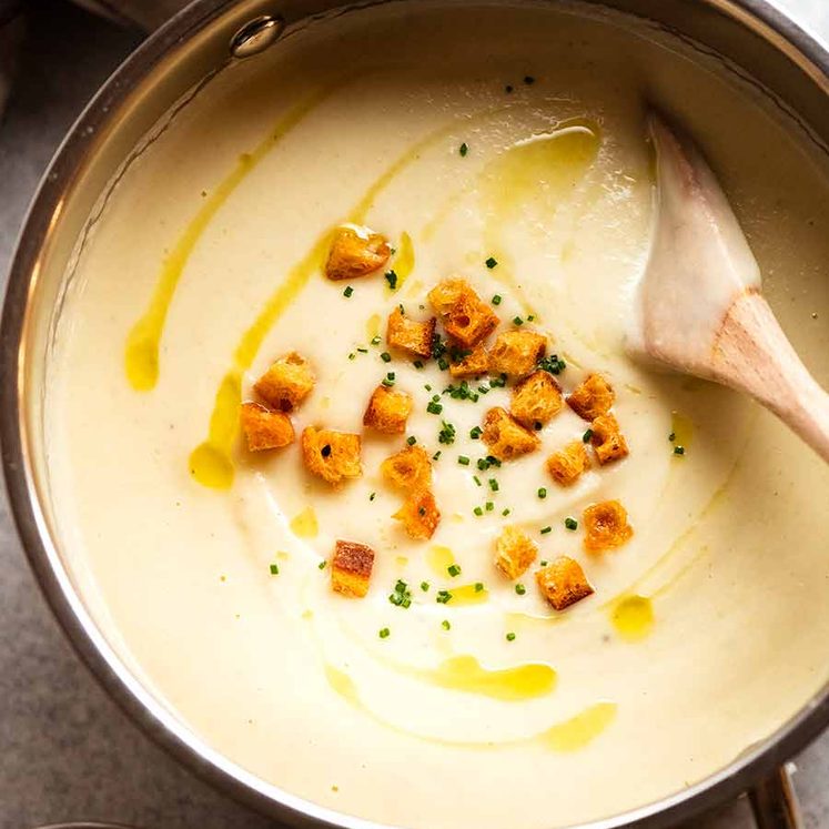 Close up of a freshly made pot of Celeriac Soup