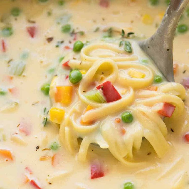 Close up of Cream of Vegetable Soup with Noodles (no cream!) in a pot, fresh off the stove ready to be served