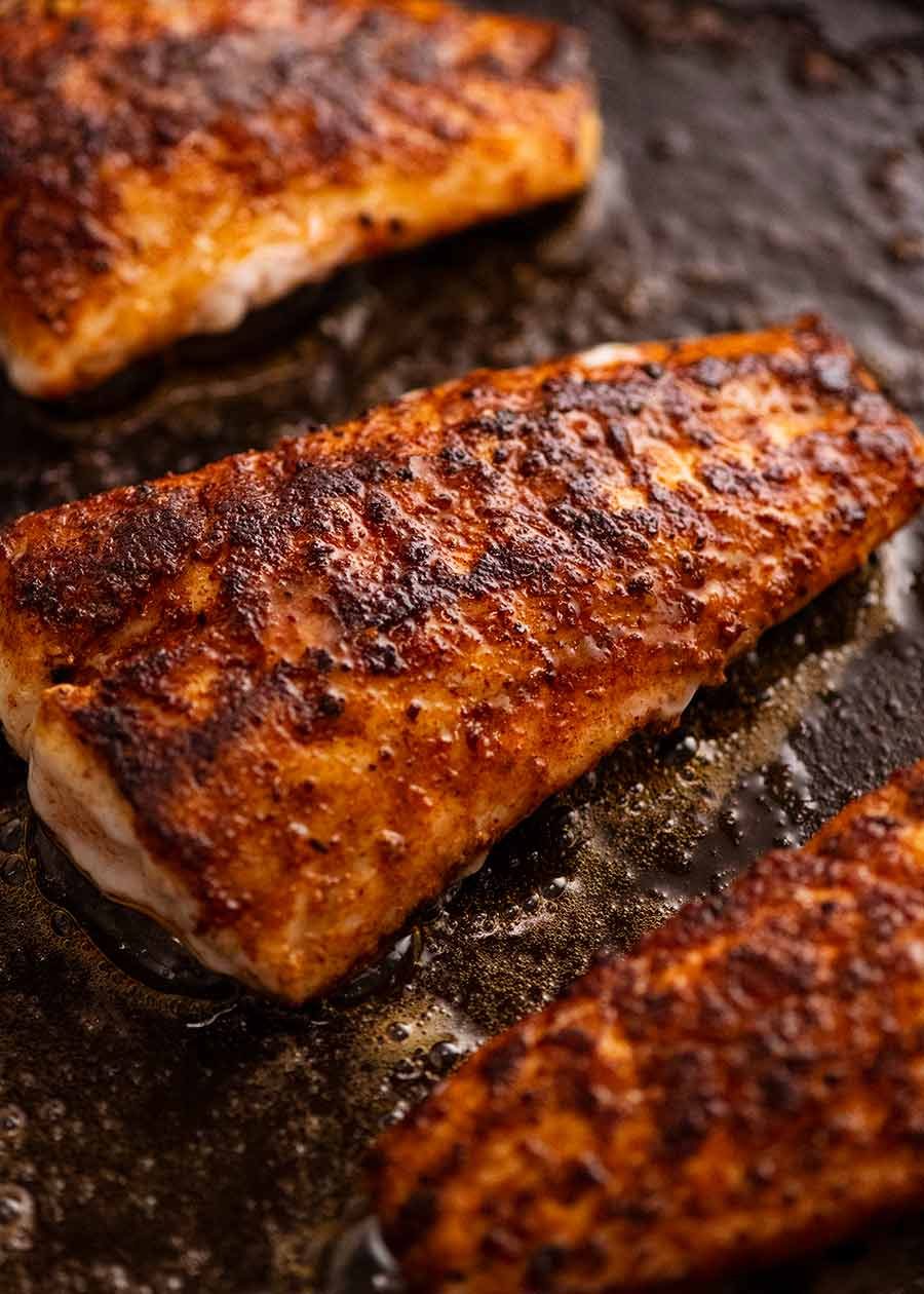 Close up of freshly cooked flathead fillets with Fish Seasoning - Spice Rub for Fish