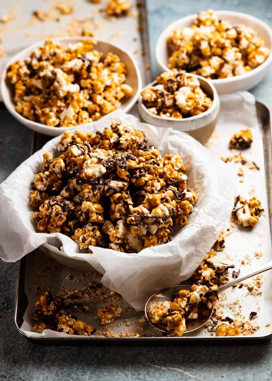 Bowls of Golden Gaytime popcorn - copycat recipe