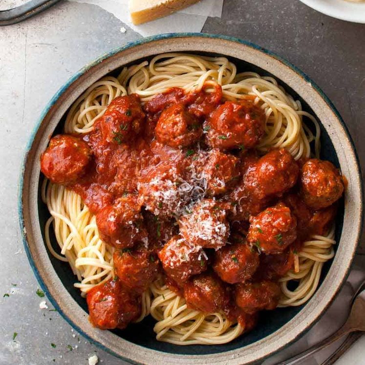 Overhead photo of Italian Meatballs with Spaghetti, read to be served