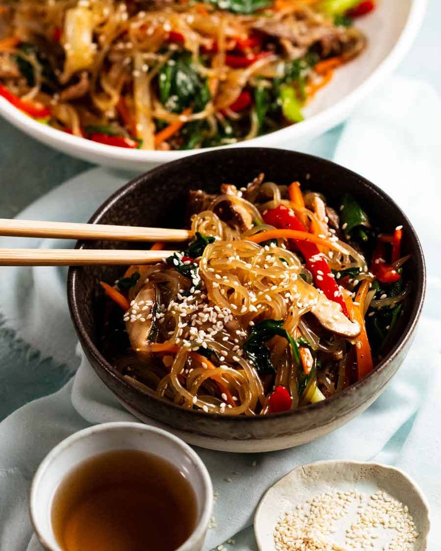 Bowls of Japchae - Korean noodles