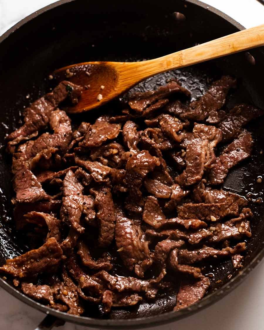 Cooking beef for Japchae - Korean noodles