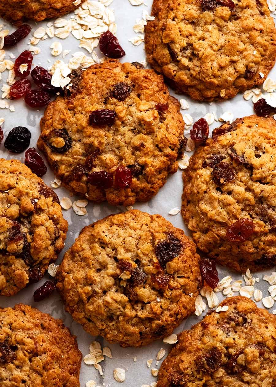 Overhead photo of freshly baked Oatmeal Raisin Cookies