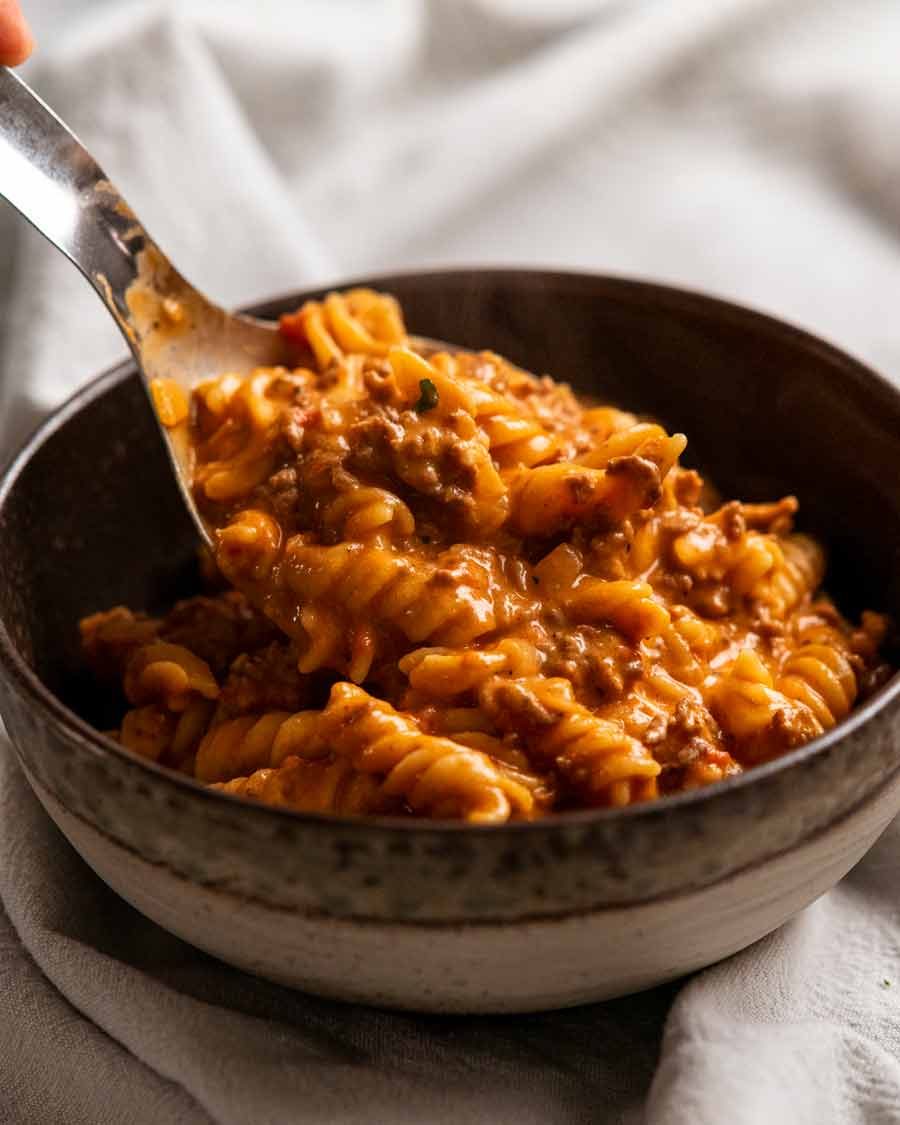 Serving One pot creamy tomato beef pasta