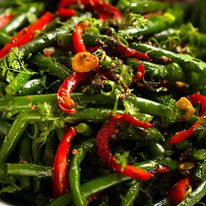 Close up of Yotam Ottolenghi's Green Bean Salad